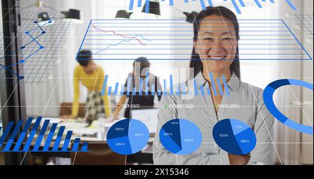 Bild von mehreren Diagrammen und wechselnden Zahlen über lächelnden asiatischen Frauen, die Arme überkreuzt stehen Stockfoto