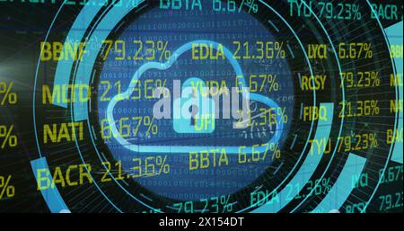 Bild der Verarbeitung von Börsendaten über Sicherheitsvorhängeschloss und Cloud-Symbol auf rundem Scanner Stockfoto