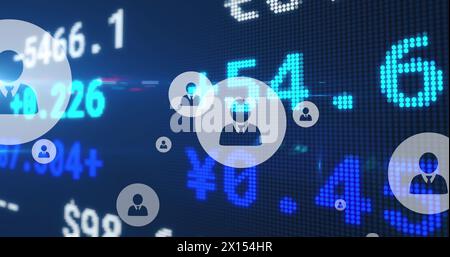 Abbildung der Symbole für Personen über der Verarbeitung von Finanzdaten auf blauem Bildschirm Stockfoto