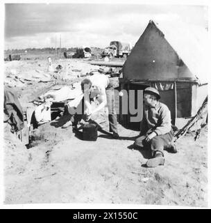 FÜNFTE ARMEE: ANZIO BRÜCKENKOPF 'BESSER 'OLES' AUF DEM ANZIO BRÜCKENKOPF - einige bauen über dem Boden, andere bauen unten. Pte. A. Brabiner von 19 Florence Street, High Broughton, Salford, 7, rasiert sich im Eingang seiner Einbuchtung, dass es unter der Erde sicherer ist, während CPL. W.D.Johnstone von Mansfield Cottage, Galston, Ayrshire - Center Waschen - sagt, es sei trockener und gesünder über der Erde. Pte. W. Rose von 7 Burnett Avenue, King's Lynn, Norfolk sitzt rechts und denkt, es sei nur der Meinung der britischen Armee Stockfoto