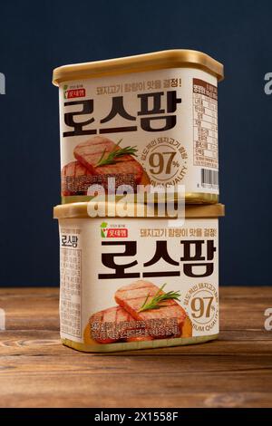 ZHONGSHAN China-29. Februar 2024: Zwei Dosen Lotte-Mittagsfleisch in vertikaler Zusammensetzung. Stockfoto