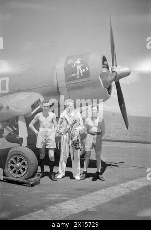 WIR SERVIEREN MIT DEN ERHABENEN. APRIL 1945, AN BORD DES BRITISCHEN FLUGZEUGTRÄGERS HMS ILLUSTROUS, DER IN OSTGEWÄSSERN EINGESETZT WIRD. - Lieut (A) J A Parli, von Waitara, Neuseeland, RNZNVR und Wartungsteam. Von links nach rechts: AMA Charles Bonser, Bairley Hill, Stab; LAME Thomas Chandler, New Cross, London Stockfoto