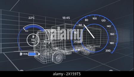 Bild des Tachometers über einem Elektrofahrzeug-Projekt auf marineblauem Hintergrund Stockfoto