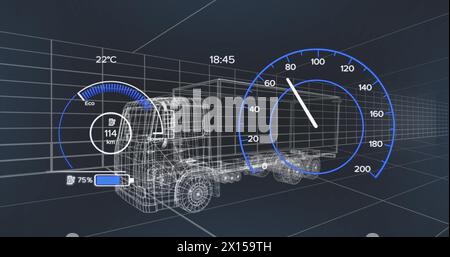 Bild des Tachometers über einem Elektrofahrzeug-Projekt auf marineblauem Hintergrund Stockfoto