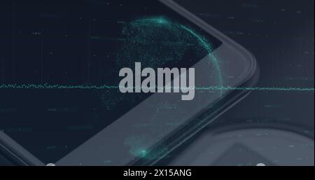 Bild einer glühenden Welt von Verbindungen und Datenverarbeitung über Smartphone Stockfoto