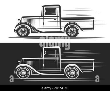 Vektor-Logo für Vintage Truck, horizontales dekoratives Banner mit einfacher Konturillustration des einfarbigen amerikanischen Vintage Trucks in Bewegung, Handzeichnung Stock Vektor