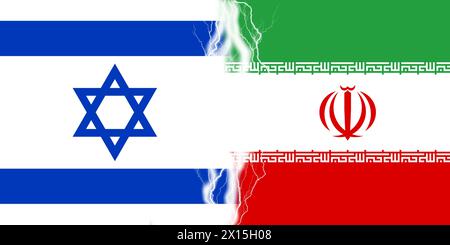 Zwischen israelischen und iranischen Flaggen wirkt ein Lichtschlag. Das Konzept des Konflikts zwischen zwei Nationen, Jerusalem und Teheran-Krieg Stockfoto