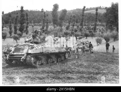 8. ARMEE: REGEN VERLANGSAMT DEN VORMARSCH - dieser Sherman-Panzer der 6. Südafrikanischen Panzerdivision wurde verstopft, als er die Straße verließ, um ein Feld zu überqueren, das sich unter den starken Regenfällen in Schlamm verwandelt hatte. Der Panzer wird von einer anderen Sherman British Army auf festen Boden geschleppt Stockfoto