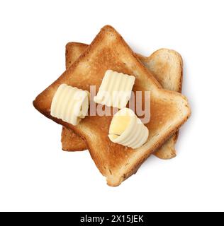 Leckere Butterlocken und Toasts isoliert auf weiß, Blick von oben Stockfoto