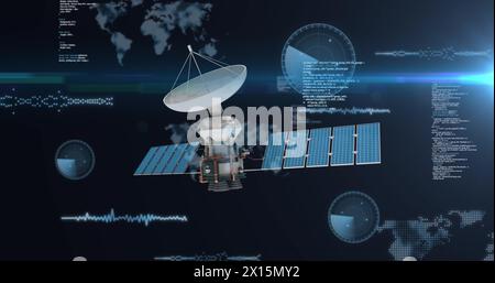 Bild von digitalen Symbolen und Datenverarbeitung über Weltkarte und Satellit Stockfoto