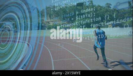 Bild der Datenverarbeitung auf digitalem Bildschirm über afroamerikanischem Läufer mit laufendem Blatt Stockfoto