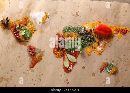 Weltkarte mit verschiedenen Gewürzen und Produkten auf dem Tisch, Draufsicht Stockfoto