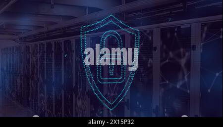 Abbildung: Symbol für das Sicherheitsvorhängeschloss über dem Netzwerk von Verbindungen zum Serverraum des Computers Stockfoto