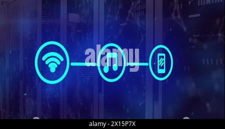 Abbildung: Symbole für verbundene blaue Medien und Netzwerk der Verbindungen über Computerserver Stockfoto