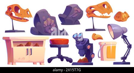 Dinosaurierfossil im archäologischen Museum des jura. Archäologe-Set für prähistorische Laboranalysen von Dino-Knochen, tyrannosaurus-dna-Forschung und Ammonitvergrößerungsstudie. Das paläontologische Wissenschaftslabor Stock Vektor