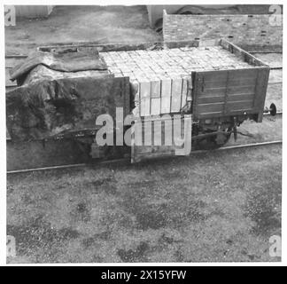 Eine ATS-Einheit beladen LKWs mit gefüllten Benzinkanistern in einem Verteilerzentrum der britischen Armee, um Treibstoff für militärische Operationen vorzubereiten. Stockfoto