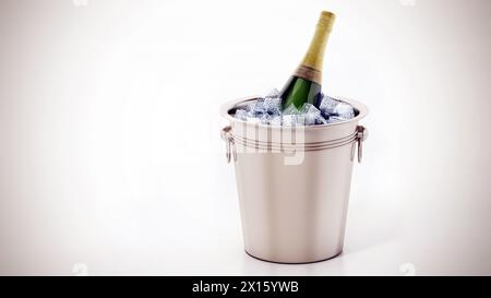 Champagnerflasche im Eiskübel isoliert auf weißem Hintergrund. 3D Abbildung. Stockfoto