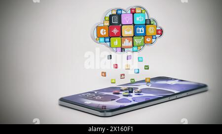 Regnet digitale Apps aus dem Cloud-förmigen Application Store auf dem Smartphone. 3D Abbildung. Stockfoto