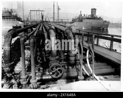 Pipelines von einem Tankfahrzeug liefern Kraftstoff an Land entlang der Anlegestelle im Tanklager in Neath. Stockfoto