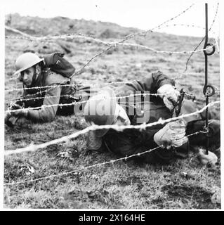 MIT DEN BRITISCHEN TRUPPEN IN ISLAND - Truppen, die Stacheldraht-Verstrickungen unter dem Schutz von Gewehrfeuern während der Übung British Army zerschnitten Stockfoto