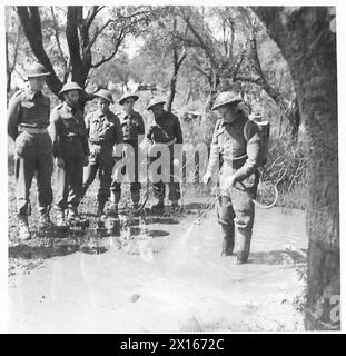 FÜNFTE ARMEE : ANZIO BRÜCKENKOPF DER KAMPF GEGEN MALARIA - auf einer klareren Wasserfläche wird der Malariasprüher verwendet, um einen Ölfilm über die Oberfläche der britischen Wasserarmee zu verteilen Stockfoto