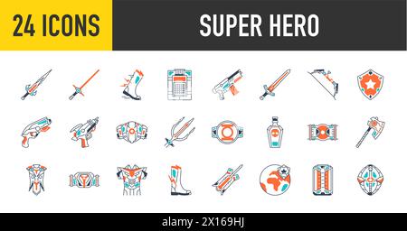 Super Hero Icon Set in flachem Stil. Enthält Symbole wie Wasserpistole, Paintball, Pistole, Soldat, Waffe, U-Boot, Schwert, Radioaktiv, Mittelalter, Mace. Stock Vektor