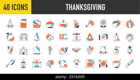 Set von Thanksgiving-Symbolen. Einfaches, solides Icon-Paket. Lustige Pilger, amerikanische Ureinwohner, truthahn, Tiere, Ernte, Cornucopia, Kürbisse, Bäume Vektor. Stock Vektor