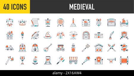 Einfaches Set mit dem Symbol für mittelalterliche Vektoren. Enthält Symbole wie Ritter, Burg, Krone und mehr. Stock Vektor