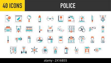 Polizeisymbol gesetzt. Mit Auto, Hund, Waffe, Polizeistation, Walkie-Talkie, Symbole für Fahrrad, Handschellen und Notrufe. Ausgefüllte Symbolsammlung. Stock Vektor