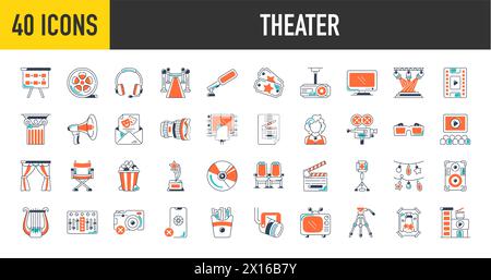 Theater-Symbole legen die Vektorabbildung fest. Enthält Symbole wie Kino, Film, Film, tv, Video und mehr. Stock Vektor