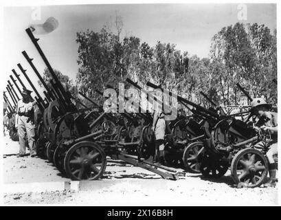 GEFANGENER ITALIENISCHER WAFFEN UND AUSRÜSTUNG - Ein Lager mit Flugabwehrkanonen, Munition und anderer Ausrüstung, britische Armee Stockfoto