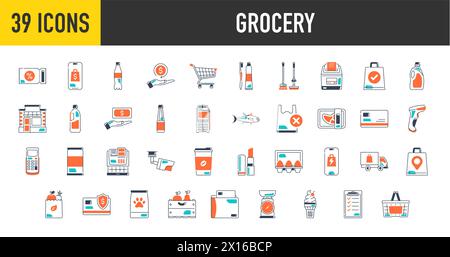 Lebensmittelsymbole. Bilder der Abteilungen des Lebensmittelgeschäfts, des Verkaufs, der geografischen Lieferung, des Einkaufskorbs, der Milch- und Fleischprodukte, des Brots, des Gemüses, des Obstes Stock Vektor