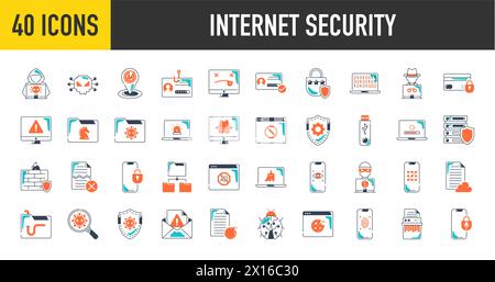 Set mit 40 Symbolen für Internetsicherheit, IoT, Internet der Dinge, Smart House, Innovation. Vektor-Illustration der Symbolsammlung. Stock Vektor