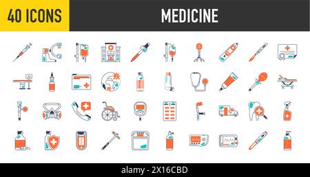 Einfacher Satz von medizinischen Vektorlinien-Symbolen. Enthält Symbole wie Gel, Inhalator, Rezept, Sirup und mehr. Stock Vektor