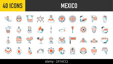 Mexiko Symbole Set, Designelement, flacher Stil. Sammlungsgegenstände für Cinco de Mayo Parade mit Pinata, Essen, Sambrero, Tequila, Kakteen, Flag. Vektor Stock Vektor