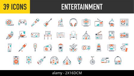 Set von Unterhaltungssymbolen. Sammlung von durchgehenden Symbolen. Vektorabbildung Stock Vektor