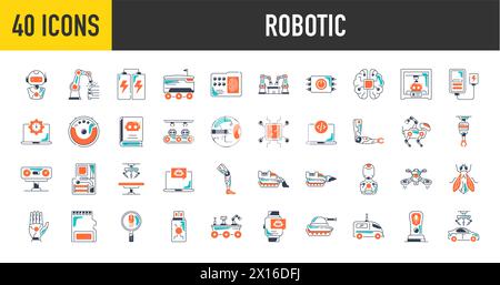 Robotersymbole. Symbolset mit maschinellem Lernen, Gehirn, KI, Kopf, Maschine, Technologie, KI und mehr. Stock Vektor