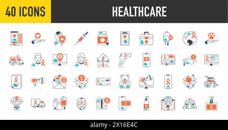 Symbolgruppe Gesundheitswesen. Medizinische Versorgung Service Symbol Sammlung von Krankenhaus, Injektion, Krankenwagen, Temperaturpistole, erste-Hilfe-Kasten. Vektorabbildung. Stock Vektor