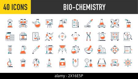 Satz von Symbolen für die Biochemie. Naturwissenschaftliche, wissenschaftliche Aktivitätselemente – Icon-Kollektion. Einfache Vektordarstellung. Stock Vektor