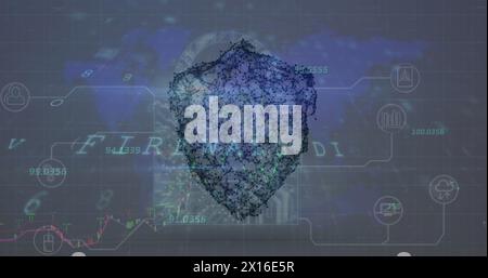 Bild der Datenverarbeitung im Bereich Cybersicherheit über dem Sicherheitsschild-Symbol vor der Weltkarte Stockfoto