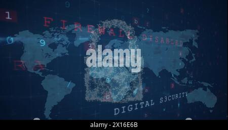 Abbildung der Symbole für das Cybersicherheitskonzept und die Datenverarbeitung auf der Weltkarte auf blauem Hintergrund Stockfoto