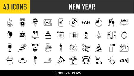 Symbol für ein frohes neues Jahr. Symbole wie Feiern, Feiern, Tanzen, Musik, weihnachten, herzlichen Glückwunsch Vektorillustration Stock Vektor