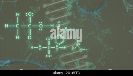 Bild von Blasen über dna-Strang mit chemischer Formel und Verbindungen auf grünem Hintergrund Stockfoto