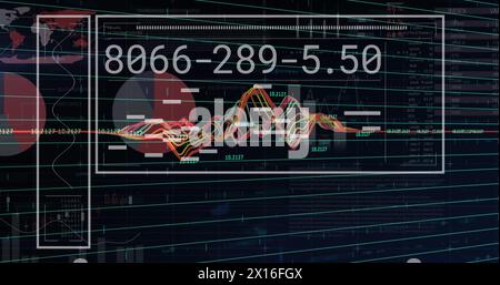 Bild mehrerer Diagramme, wechselnder Zahlen und Infografik-Oberfläche auf schwarzem Hintergrund Stockfoto