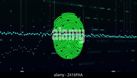 Bild des Fingerabdrucks über Diagrammen und wechselnder Zahlen vor schwarzem Hintergrund Stockfoto