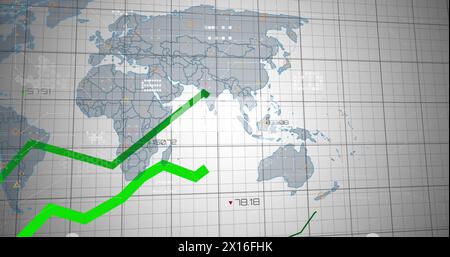 Bild mehrerer Diagramme mit wechselnden Zahlen über Karte vor weißem Hintergrund Stockfoto