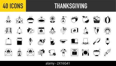 Set von Thanksgiving-Symbolen. Einfaches, solides Icon-Paket. Lustige Pilger, amerikanische Ureinwohner, truthahn, Tiere, Ernte, Cornucopia, Kürbisse, Bäume Vektor. Stock Vektor