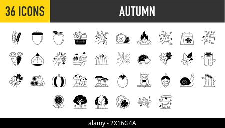 Set mit Herbstsymbolen. Sammlung von Herbstgegenständen, Pflanzen und Tieren, Urlaub, Blatt, Herbst, Feierlichkeiten. Symbol für saisonale Vektoren. Stock Vektor