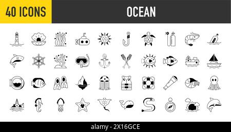 Meer und Meer-Symbol-Set. Outdoor-Aktivitäten und Meereslebekonzept. Vektorsammlung von ausgefüllten Symbolen. Stock Vektor