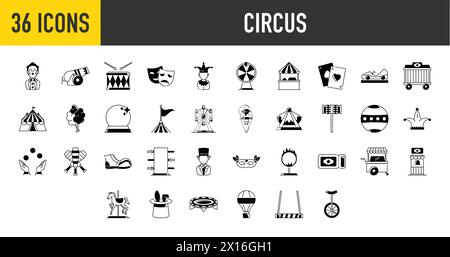 Circus Minimal Web-Symbolset. Darunter die Symbole Achterbahn, Karussell, Zirkus, Ferros Wheel und mehr. Sammlung von Symbolen. Einfacher Vektor. Stock Vektor
